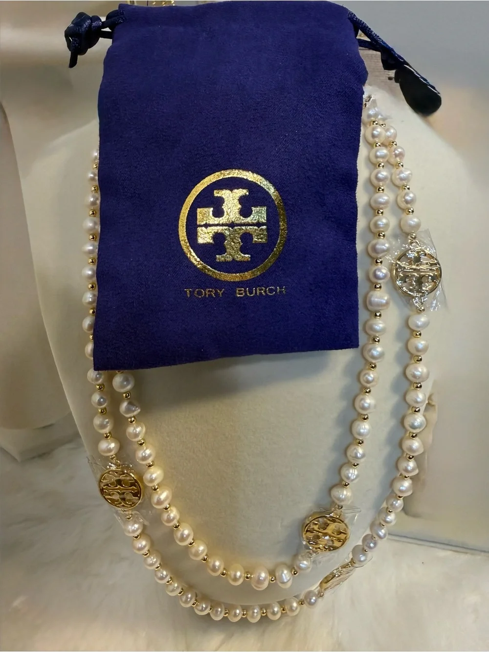Tory Burch Triple-Strand Fresh Water Pearl Necklace with Gold Logo Discs